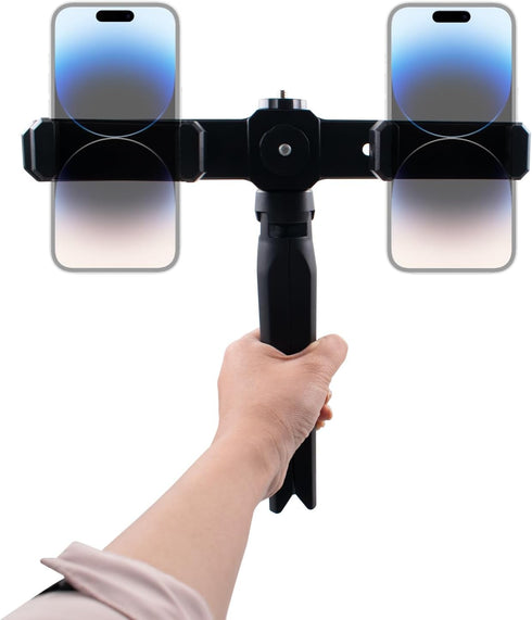 SnowTing Dual Phone Holder with Desk Tripod, Black Adjustable Universal Smartphone Stand for Video Recording Vlog Live