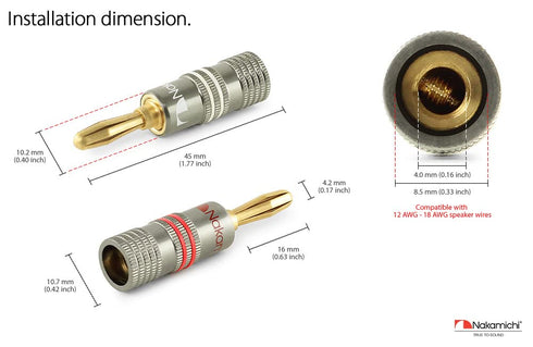 Nakamichi Ultimate Series 24K Gold Plated Banana Plug - 12-18 AWG Gauge Size Connector for Speakers