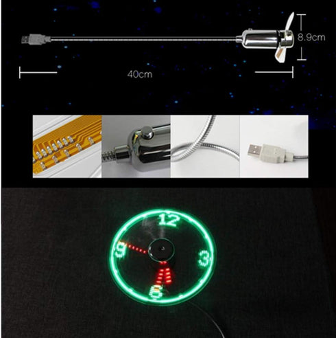 DECVO USB LED Clock Fan - 90mm USB-Powered Portable Mobile Fan with Clock, LED Light Time (2 PACK)
