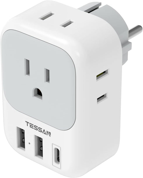 TESSAN Type E F Plug Adapter, Germany France Power Adapter with 3 USB Ports and 4 AC Outlets for US to Europe Travel
