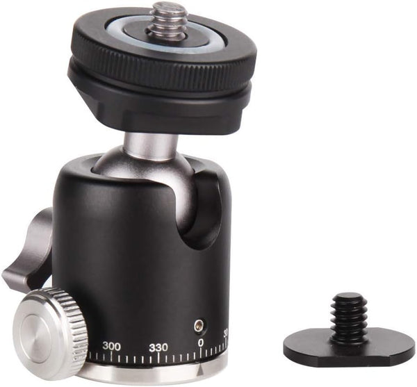 Camera Tripod Mini Ball Head Mount with Cold Shoe, 360 Pan & 90 Tilt Adapter for DSLR/Light Stand