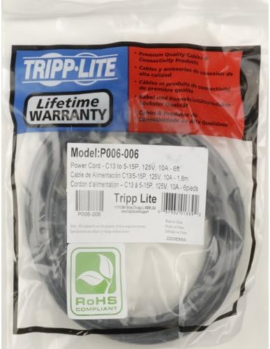 Tripp Lite Standard Computer Power Cord 10A, 18AWG (NEMA 5-15P to IEC-320-C13) 6-ft (P006-006)