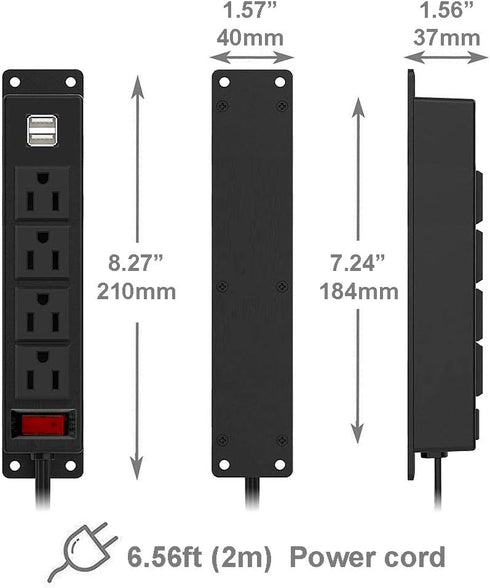 Mountable Power Strip with USB Ports - Wall Mount Power Outlets, 4AC Outlet, 2 USB, 6.56 Feet Extension Cord
