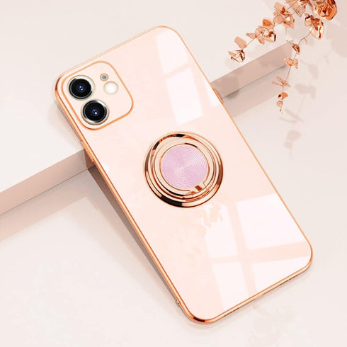 Omorro Pink iPhone 11 Case for Women, Ring Holder with Built-in 360 TPU Rotation Kickstand, Glitter Plating Rose Gold