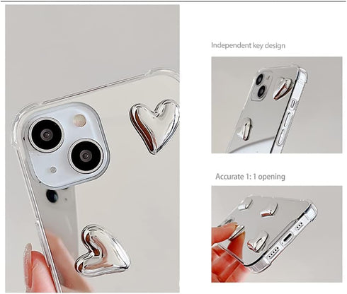Mirror Senior Silver Cute Heart Soft Silicone Clear Makeup Mirror Case for iPhone 15 Pro Max, Shockproof Protect Cover