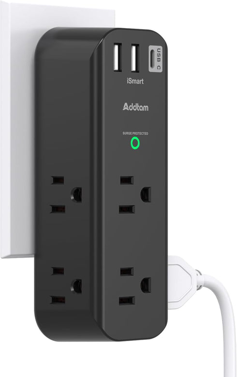 Surge Protector Outlet Extender, 6 AC Multi Plug with 3 USB Ports, 1800J Wall Charger, Black