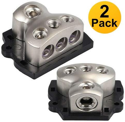 3 Way Power Distribution Block, 1x 0 Gauge In / 3X 4 Gauge Out, Amp Power Ground Distributor, 2 Pack