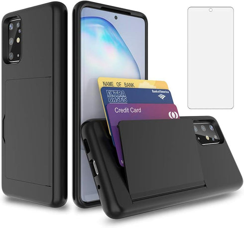 Samsung Galaxy A51 5G Phone Case with Tempered Glass Screen Protector, Credit Card Holder, Rugged Black Cover