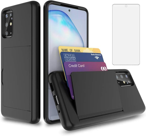 Samsung Galaxy A51 5G Phone Case with Tempered Glass Screen Protector, Credit Card Holder, Rugged Black Cover