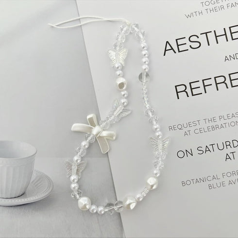 White Mobile Phone Lanyard, Universal Phone Chain with Black Bow and White Pearl Beads, Anti-Lost Strap