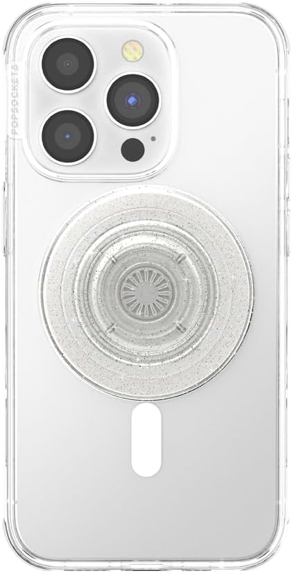 PopSockets Round Phone Grip Compatible with MagSafe, Adapter Ring Included - Clear Glitter, Wireless Charging Compatible