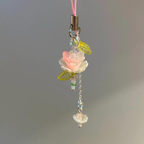 Y2K Agromusk Pink Flower Phone Charms,Cute Beaded Lotus Flower Phone Strap Handmade Decor for Women Accessories