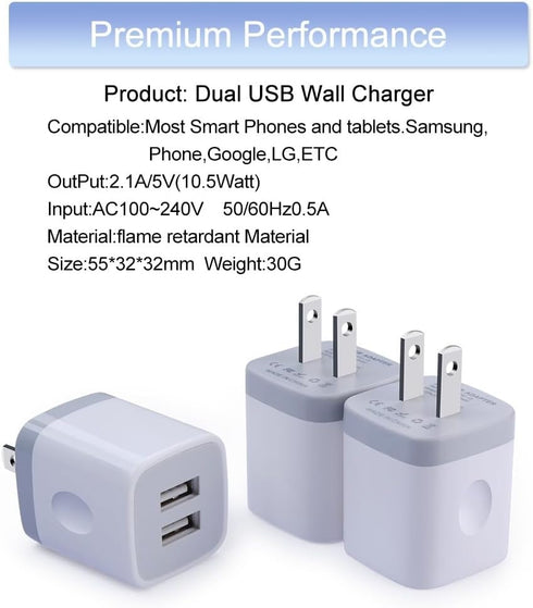 USB Wall Charger 3Pack, 2.1A Dual Port Charging Adapter, Compatible with iPhone 16 15 14 13 12 11 Pro Max, Samsung