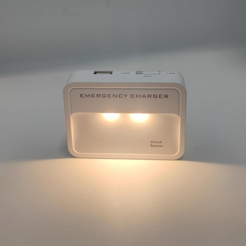 Battery Operated Phone Charger / Emergency USB Power Bank / Wall Outlet / Portable 2 AA Batteries Powered (White)