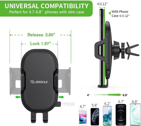 Esoulk 360 17/16/15/14/13 One-Touch Air Vent Car Phone Holder, Push Button Release Vent Phone Mount, Rotation Phone