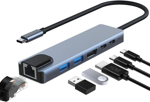 JUEJUEZI 6-in-1 USB C Hub, Ethernet Multi Port Adapter with 4K HDMI, RJ45