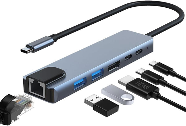 JUEJUEZI 6-in-1 USB C Hub, Ethernet Multi Port Adapter with 4K HDMI, RJ45
