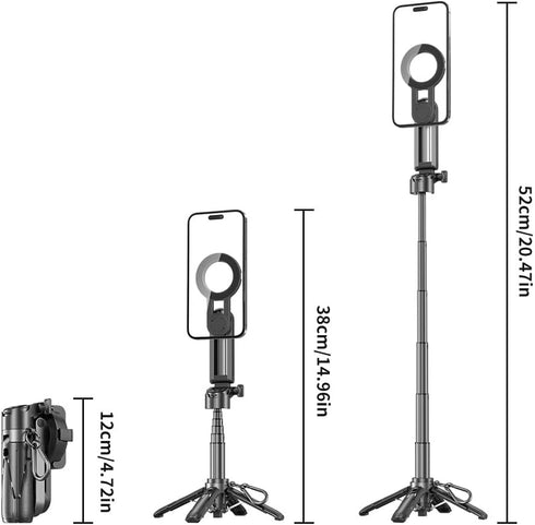 MiniLuxis 4-in-1 Magnetic Phone Tripod, Portable Selfie Stick, Pocket Size Foldable Extendable Tripod for iPhone