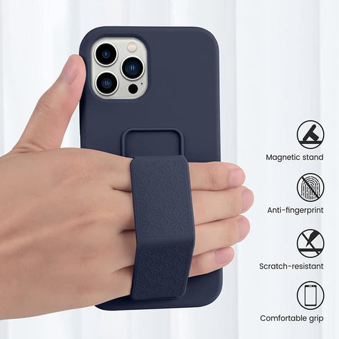 LAUDTEC Silicone Kickstand Case for iPhone 13 Pro, Vertical and Horizontal Stand with Hand Strap (Blue)