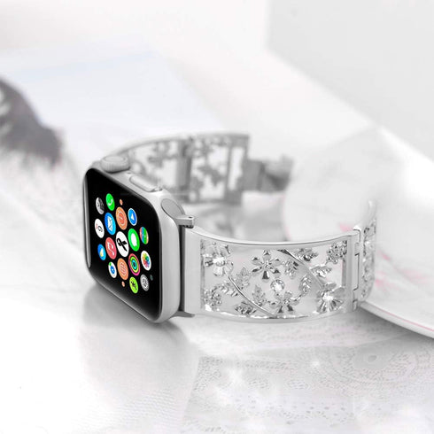 Floral Band Compatible with Apple Watch - Jewelry Band 38mm 40mm 41mm 42mm, Bling Crystal Bracelet, Silver