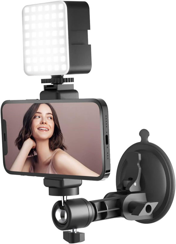 Suction Cup Mirror Phone Holder with Light, Travel Wall Phone Camera Mount for Makeup Content Creator Essentials,