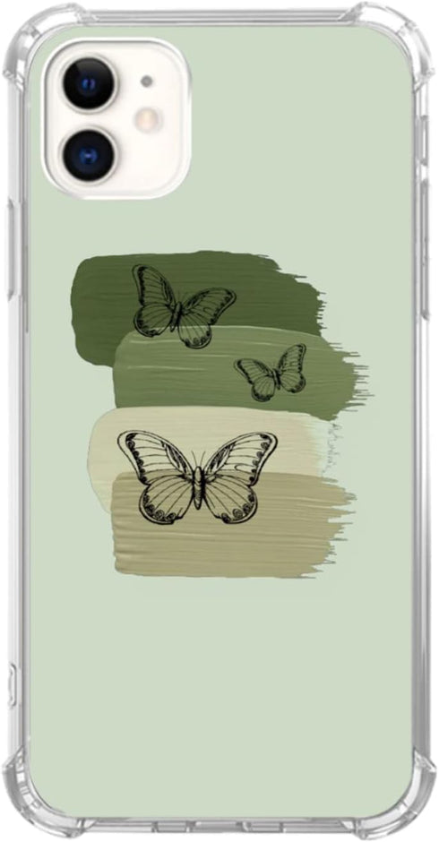 Sage Green Phone Case Compatible with iPhone 11, Green Aesthetic Butterfly Trippy Cover for Men Women, Unique Soft TPU