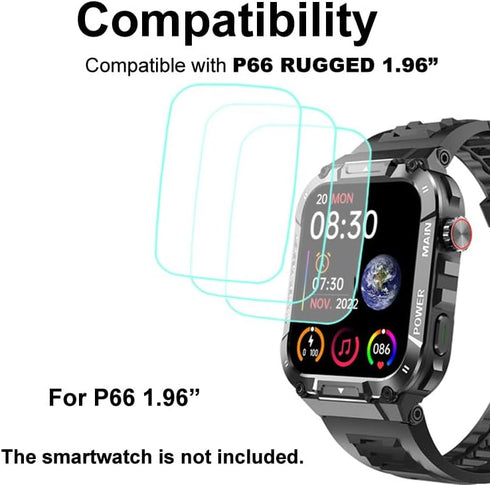 Tempered Glass Screen Protector Compatible with Hvlgmrc P66 1.96 inches Rugged Smart Watch, 3pcs, 9H
