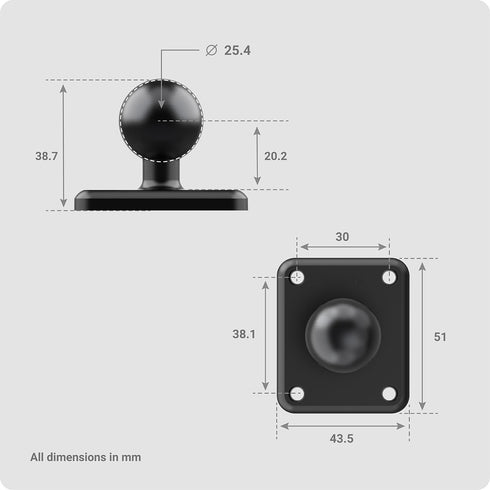 TUSITA Metal Rectangular AMPS Connection Plate, Black, with B Size 1" Ball