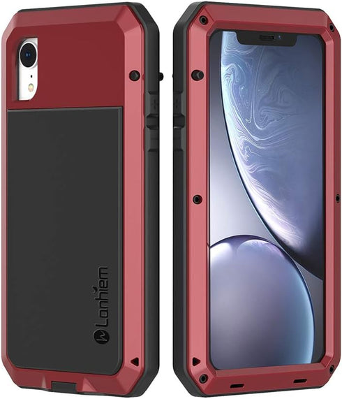 Lanhiem iPhone XR Metal Case, Rugged Full Body Shockproof Cover with Built-in Glass Screen Protector, Red