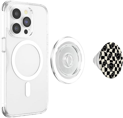 PopSockets PopGrip for MagSafe - Cute Retro Twisted Swirl Black Happy Smiling Face Checkered