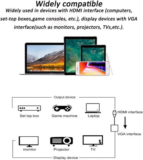 HDMI to VGA Adapter with 3.5mm Audio Cable, Gold-Plated, Compatible with PC, Laptop, Monitor, Projector, HDTV - Black