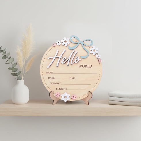 6 Inch Wooden Baby Announcement Sign Round Birth Stat Plaque with Floral and Bow Design (Blue)