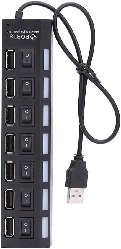 7-Port USB Hub, Black with ON/Off Switch