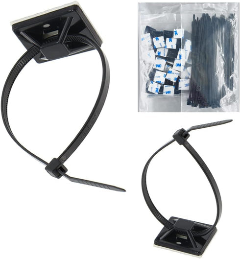 Strong Self Adhesive Wire Clips, Cable Zip Tie Mounts 3/4" with 6 Inch Zipties, Black UV Protection Outdoor, 100 Pcs