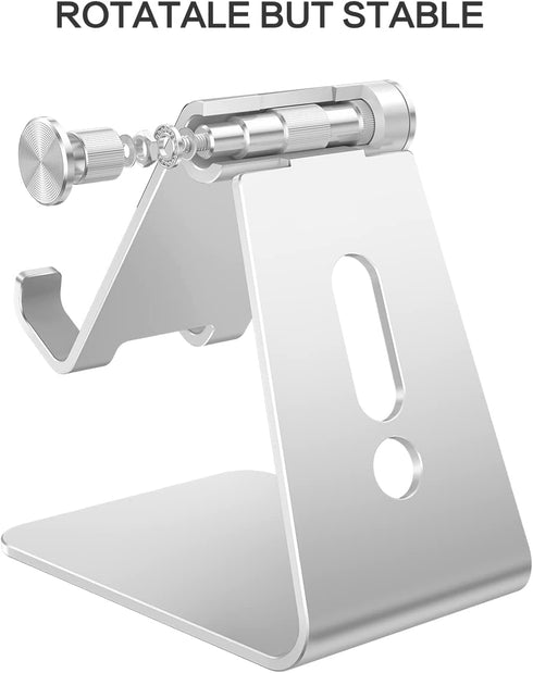Adjustable Cell Phone Stand, OMOTON Aluminum Desktop Stand with Anti-Slip Base and Charging Port, Silver