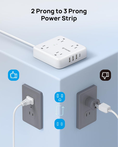 TROND 2 Prong Power Strip - 5ft Extension Cord with Multiple AC Outlets & USB Ports, 1440J Surge Protector