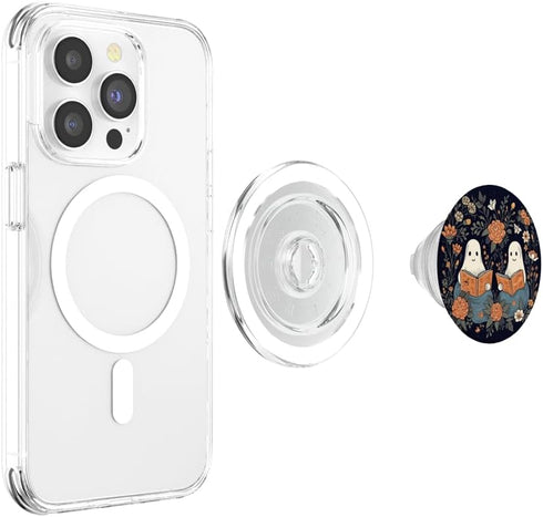 Retro Floral Spooky Bookworm Ghost Reading Book Cute PopSockets PopGrip for MagSafe