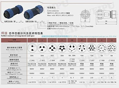 SP21 2Pin-12Pin Power Cable Connector, Waterproof Plug Socket for Electricity Lighting and Medical