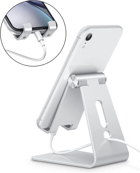 Adjustable Cell Phone Stand, OMOTON Aluminum Desktop Stand with Anti-Slip Base and Charging Port, Silver