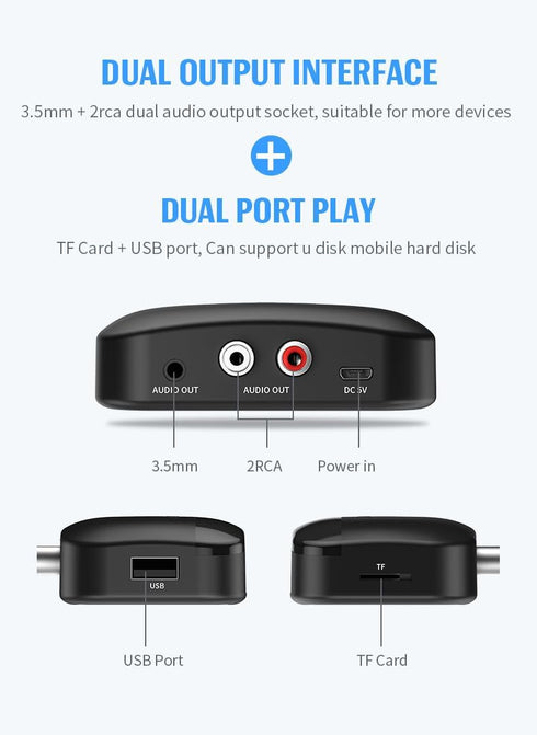 HAOQUOO Bluetooth Receiver Adapter, NFC Connection, 3.5mm/RCA Dual Audio Output, Suitable for Smartphones and Tablets