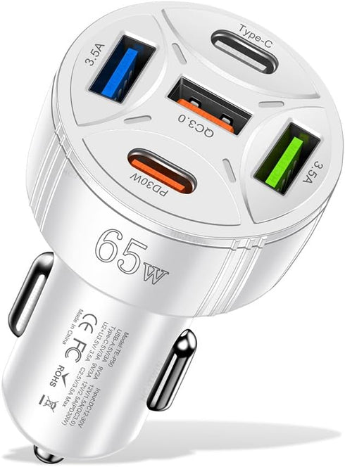 65W 5 Ports Car Charger USB Adapter, Type C PD30W & QC3.0 Fast Charging for iPhone/Android/Samsung/iPad Pro (Black)