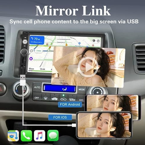 Double Din Car Radio with Bluetooth, 7 Inch Touch Screen Car Stereo, Support Mirror Link, FM, SWC, EQ, AUX, USB, SD