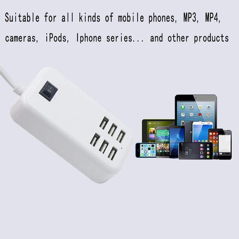 6 Ports USB Charger Hub - Desktop US Plug AC Power Wall Travel Charging Adapter Slots Charging Station