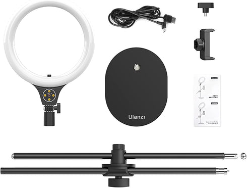 ULANZI Overhead Phone Mount with 10" Selfie Ring Light, Tabletop Light Stand with 360° Shooting Arm for Video Recording