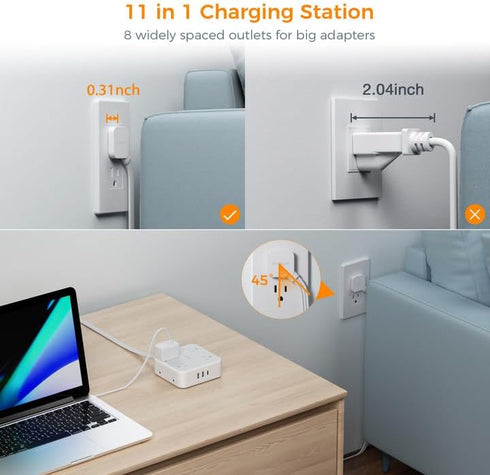 TESSAN 20 FT Long Flat Plug Extension Cord - Ultra Thin Power Strip Surge Protector with 8 AC Outlets, 900J