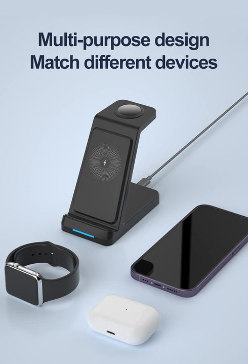 3 in 1 Wireless Charger for iPhone 15/14/13/12/11/X, Apple Watch, AirPods Charging Dock with QC3.0 Adapter - Black