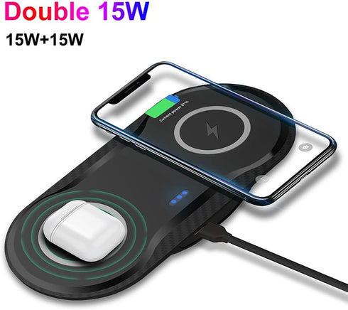 2 * 15W Dual Wireless Charger for Multiple Devices, 30W Fast Charging Pad for Apple iPhone, AirPods, Samsung, Google