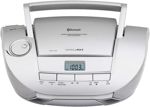 HANNLOMAX HX-328CD Portable CD Boombox with AM/FM Radio, Bluetooth, USB Port for MP3 Playback (Silver)