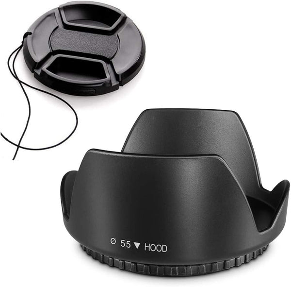 55mm Tulip Flower Lens Hood & Lens Cap - Compatible for Nikon D5600 D3500 D7500 Camera kit AF-P DX 18-55mm