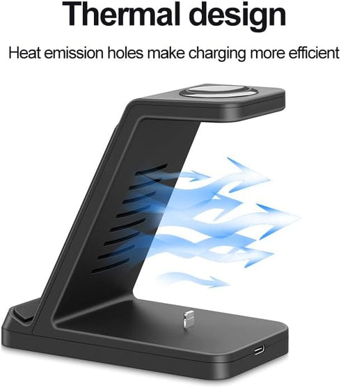 3 in 1 Wireless Charger for iPhone 15/14/13/12/11/X, Apple Watch, AirPods Charging Dock with QC3.0 Adapter - Black